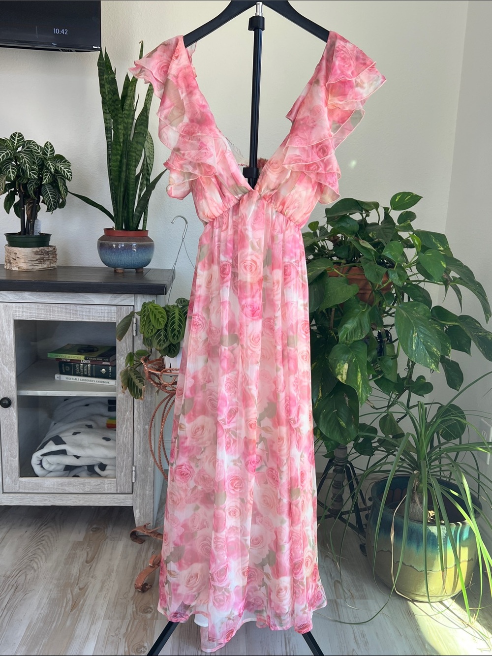 Rachel Parcell Pink Rose-Print Ruffle Maxi Dress